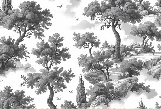 Papel tapiz estilo Toile de Jouy con grabado de árboles, riscos y aves en tonos blanco y gris.