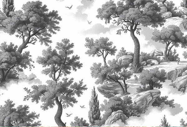 Papel tapiz estilo Toile de Jouy con grabado de árboles, riscos y aves en tonos blanco y gris.