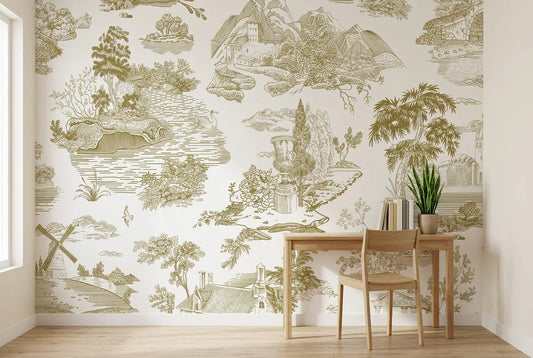 Papel tapiz Arcadia Clásica instalado en un espacio de trabajo en casa