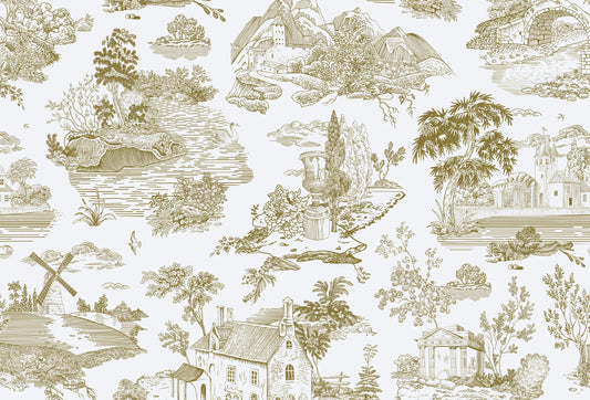 Papel tapiz estilo toile de Jouy con paisajes bucólicos en tono verde oliva sobre fondo claro.