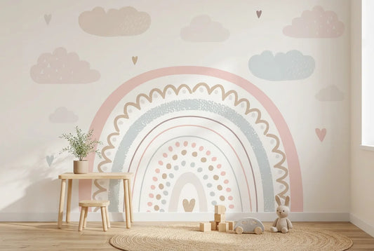 Papel tapiz Arcoíris Boho instalado en una habitación infantil