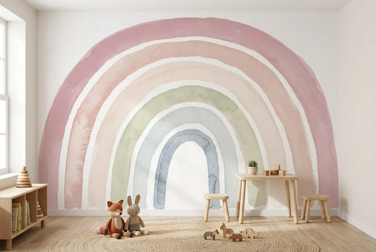 Papel tapiz Arcoíris Pastel instalado en una habitación infantil