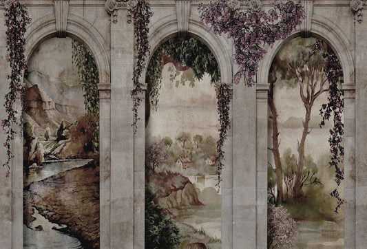Papel tapiz mural con arcadas clásicas de piedra, enredaderas con flores y vistas a un paisaje campestre