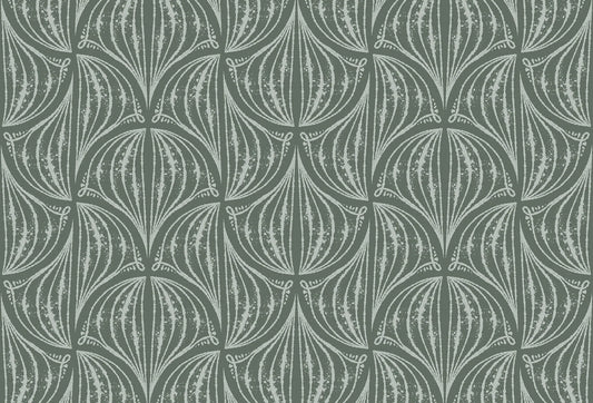 Papel tapiz con patrón de arcos botánicos estilo grabado en color marfil sobre fondo verde salvia.