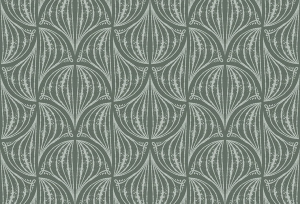 Papel tapiz con patrón de arcos botánicos estilo grabado en color marfil sobre fondo verde salvia.