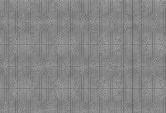 Papel tapiz con patrón geométrico de arcos lineales entrelazados en textura gris tipo cemento.