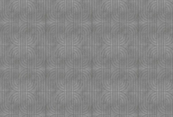 Papel tapiz con patrón geométrico de arcos lineales entrelazados en textura gris tipo cemento.