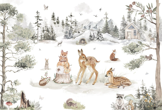 Papel tapiz mural infantil con ciervos, zorros y animales del bosque nevado en acuarela en tonos beige y verde