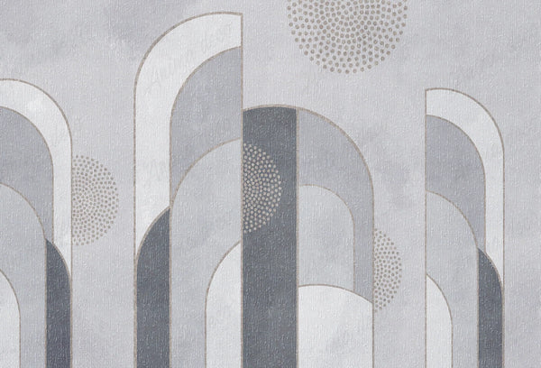 Papel tapiz con diseño art déco de arcos geométricos y puntos texturados en tonos grises elegantes