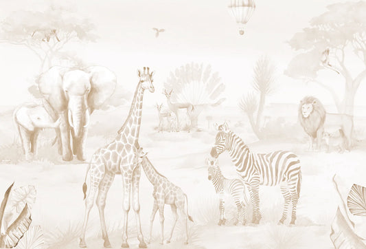 Papel tapiz con diseño mural infantil safari en tonos beige con elefantes, jirafas y cebras.