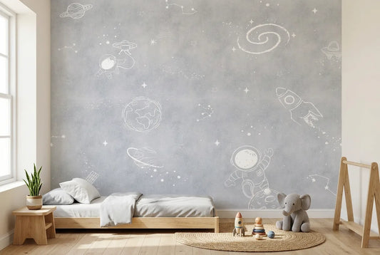 Papel tapiz Asteroide Gris instalado en una habitación infantil