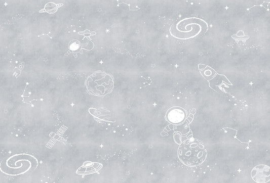Papel tapiz infantil con fondo gris claro e ilustraciones lineales de astronautas, cohetes y planetas.
