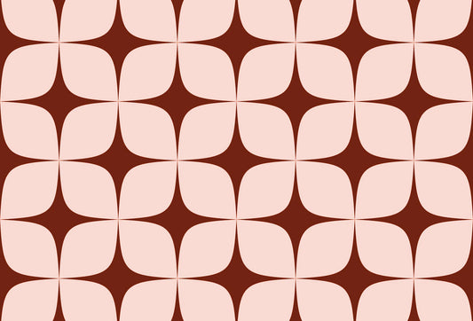 Papel tapiz con patrón geométrico retro de estrellas curvas en color terracota y rosa pastel