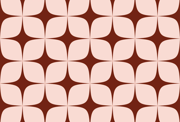 Papel tapiz con patrón geométrico retro de estrellas curvas en color terracota y rosa pastel