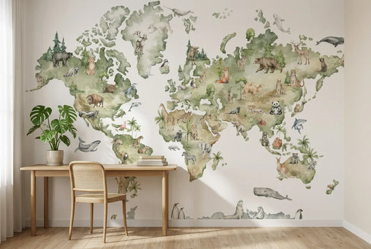 Papel tapiz Atlas Silvestre instalado en un espacio de trabajo en casa