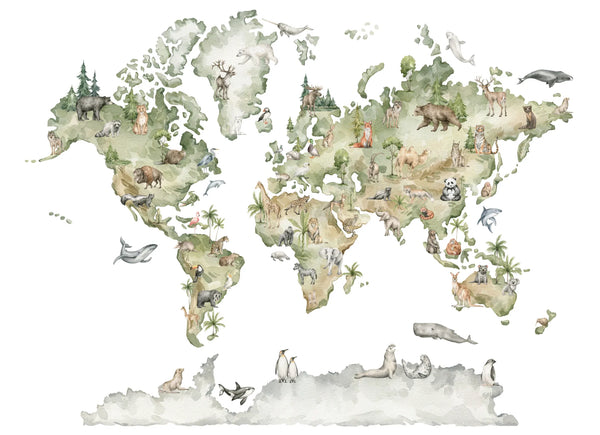 Papel tapiz mural con mapa del mundo y animales de acuarela en tonos verde salvia y beige para cuarto infantil.