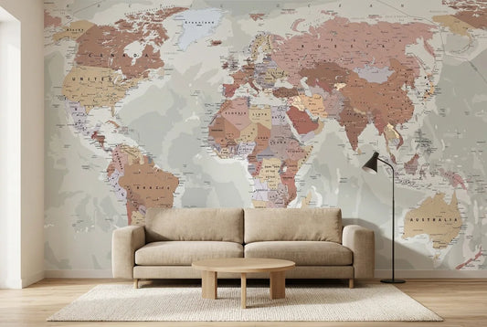 Papel tapiz Atlas Terracota instalado en una sala de estar minimalista