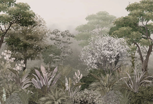 Papel tapiz mural con paisaje de bosque brumoso, follaje botánico en tonos verde salvia y flores blancas.
