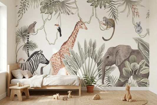 Papel tapiz Aventura Safari instalado en una habitación infantil