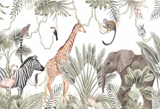 Papel tapiz infantil safari con jirafa, elefante, cebra y follaje botánico en tonos verde salvia y blanco