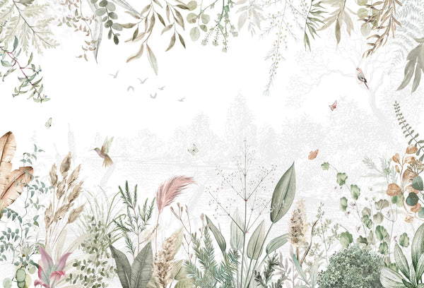 Papel tapiz mural con hojas de acuarela en verde salvia, pampas y colibríes sobre fondo blanco