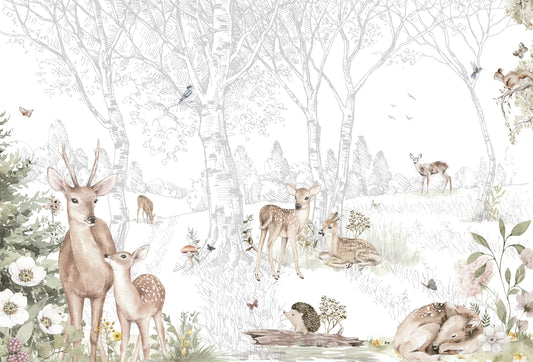 Papel tapiz mural infantil con tiernos ciervos, cervatillos y erizo en un bosque ilustrado en tonos beige y blanco