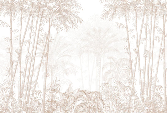 Papel tapiz mural con bosque de bambú y palmeras en fino grabado monocromático tono beige y arena.