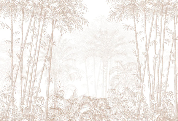 Papel tapiz mural con bosque de bambú y palmeras en fino grabado monocromático tono beige y arena.