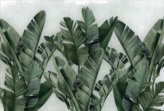 Papel tapiz mural con grandes hojas de plátano en tonos verde oliva sobre un fondo gris texturizado.