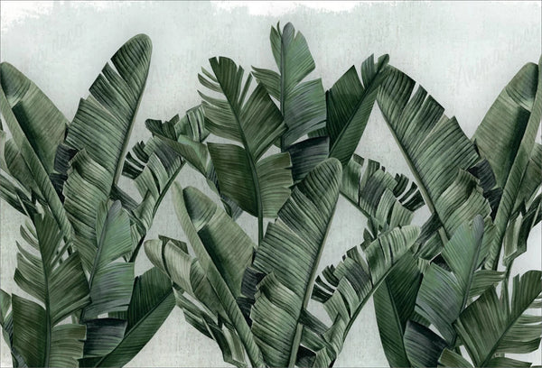 Papel tapiz mural con grandes hojas de plátano en tonos verde oliva sobre un fondo gris texturizado.