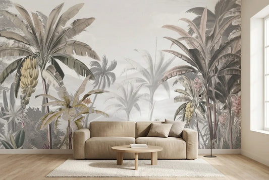 Papel tapiz Bananos instalado en una sala de estar minimalista