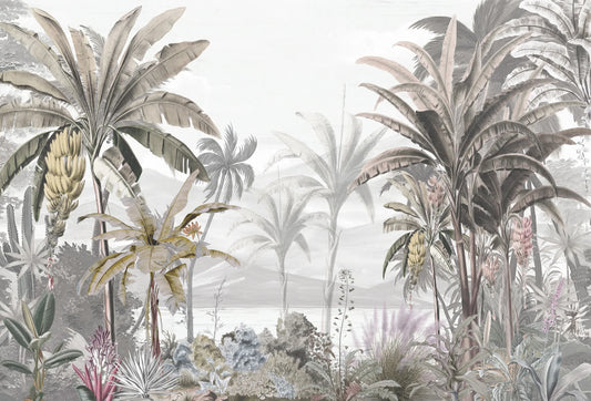 Papel tapiz mural botánico con árboles de banano, palmeras y follaje tropical en tonos neutros y beige
