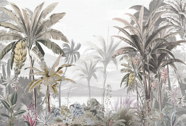 Papel tapiz mural botánico con árboles de banano, palmeras y follaje tropical en tonos neutros y beige