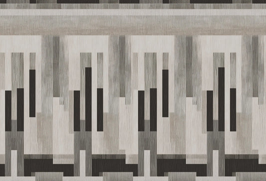 Papel tapiz con patrón geométrico abstracto de barras verticales en escala de grises y carbón con textura textil