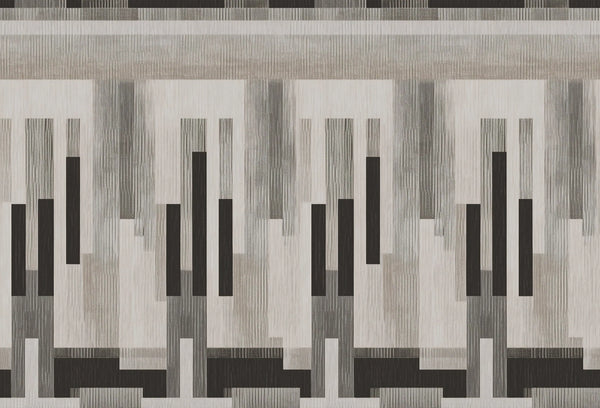 Papel tapiz con patrón geométrico abstracto de barras verticales en escala de grises y carbón con textura textil