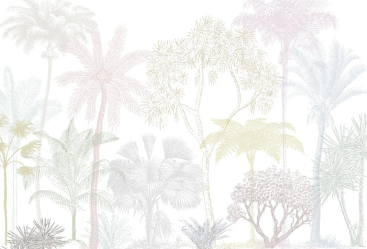 Papel tapiz con grabado botánico de palmeras y árboles tropicales en tonos pastel sobre fondo blanco.