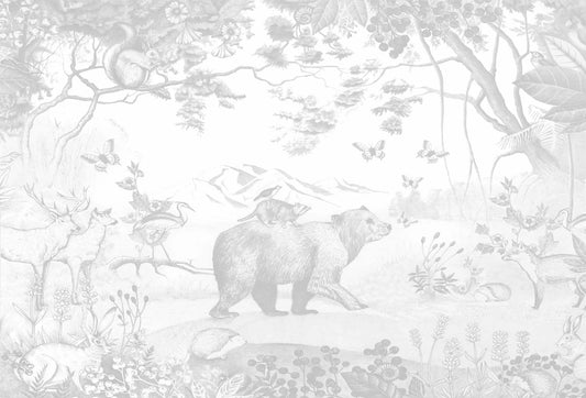 Papel tapiz mural infantil con ilustración en tonos grises de un oso, ciervos y animales del bosque.
