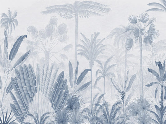 Papel tapiz mural botánico Beirut con palmeras tropicales en suaves tonos azul pizarra y gris