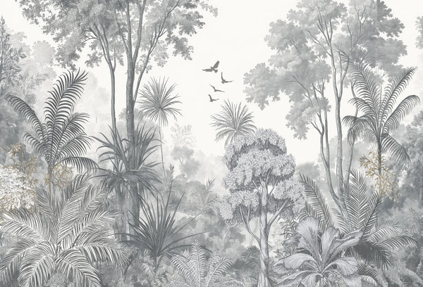 Papel tapiz mural botánico Belfast Gray con árboles tropicales, palmeras y aves en tonos grises y blanco.