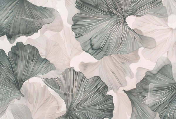Papel tapiz con hojas traslúcidas de ginkgo biloba en tonos verde salvia y beige