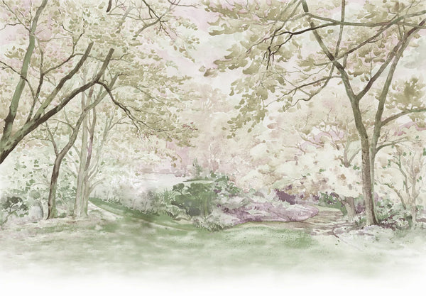 Papel tapiz mural con paisaje botánico de árboles en acuarela en tonos verde salvia y beige