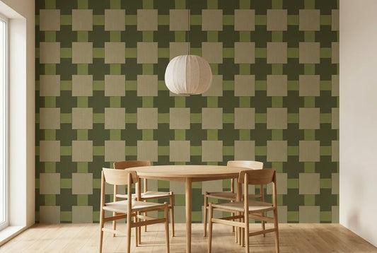 Papel tapiz Bloques Olivo instalado en un comedor luminoso