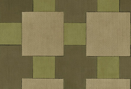 Papel tapiz con diseño geométrico de bloques en tonos verde oliva, musgo y beige con acabado texturizado para pared.