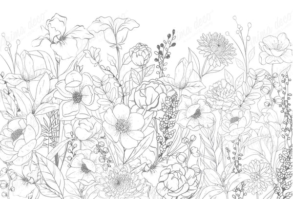 Papel tapiz con ilustración botánica de flores silvestres en delicadas líneas sobre fondo blanco