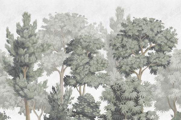 Papel tapiz mural con ilustración de bosque de árboles y pinos en tonos verde salvia y gris.