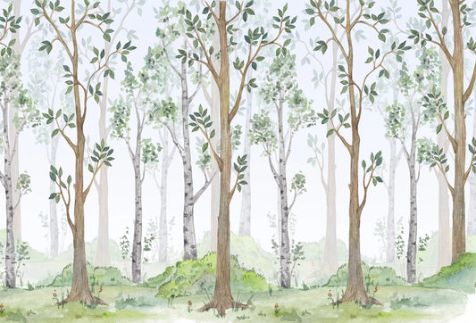 Papel tapiz mural con ilustración estilo acuarela de bosque de abedules y tonos verde salvia.