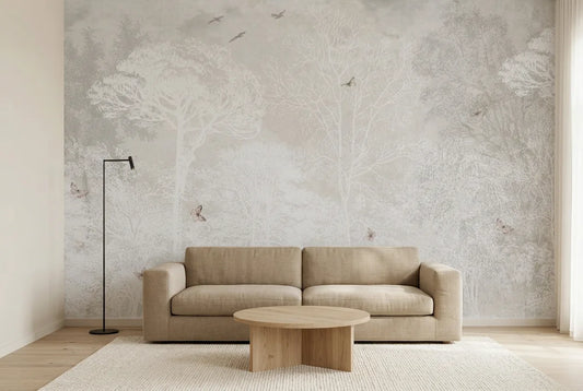 Papel tapiz Bosque Antiguo instalado en una sala de estar minimalista