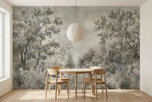 Papel tapiz Bosque Antique instalado en un comedor luminoso