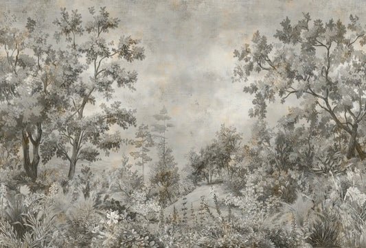 Papel tapiz mural con grabado clásico de bosque y vegetación en tonos grises y sepia