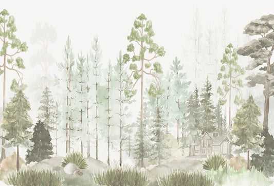 Papel tapiz mural infantil con paisaje de bosque de pinos en acuarela verde salvia y cabaña campestre